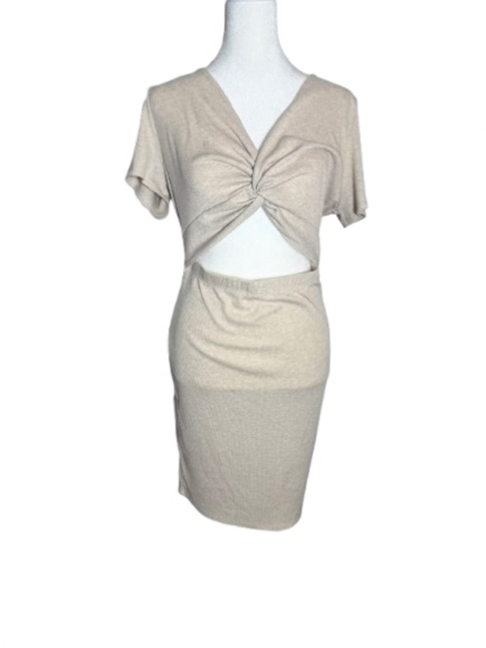 NWT Alya Beige V-neck Twist-Front with Cut Out Mini Dress